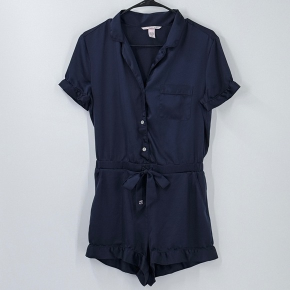 Victoria's Secret Pants - Victoria's Secret Satin pajama Romper Womens Sz M Navy‎ Blue Loungewear vacation